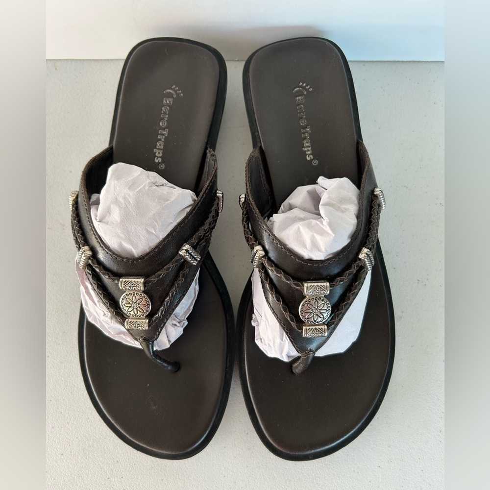 Bare Traps-Leather Black Sandals with Silver Accents-Size 9